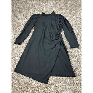 Clover and Sloane Women's 14 Black Faux Wrap Ruche Long Puff Sleeve Dress